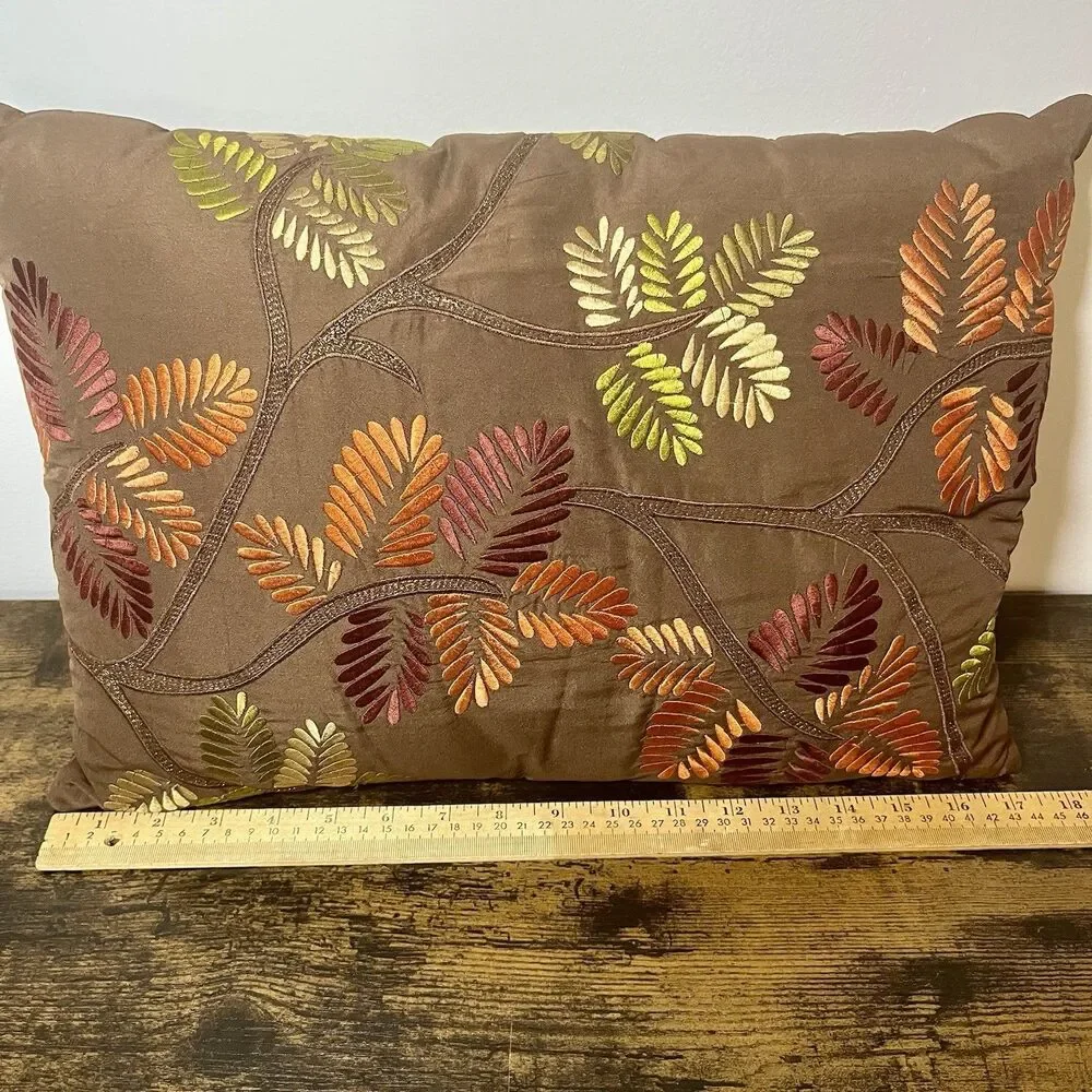 Pier 1 Imports Boho Embroidered Throw Pillow Brown Gold Tan Floral 17”x12” Decor
